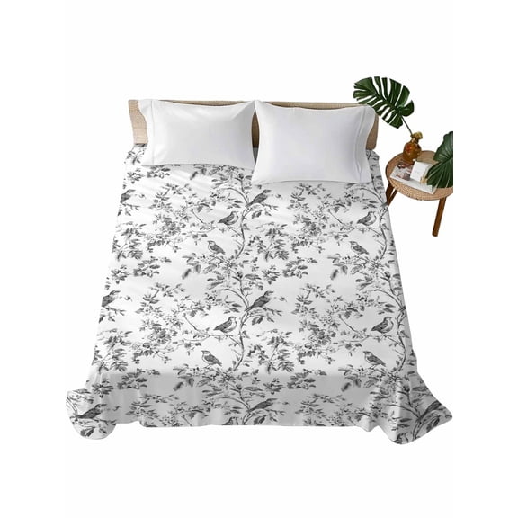 California King Size Flat Sheet Only, Black Botanical Soft Brushed Microfiber Bed Sheets, Watercolor Birds Summer Spring Hotel Quality Breathable Bedding Top Sheet, Easy Care, 108"x98"