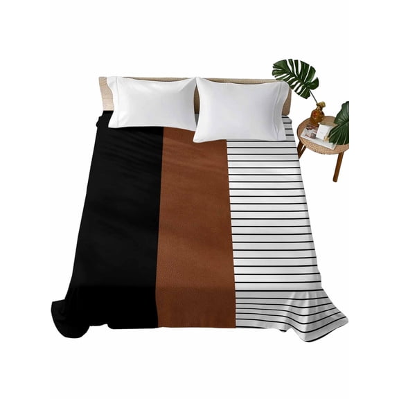 King Size Flat Sheet Only, Black Brown Soft Brushed Microfiber Bed Sheets, Contemporary Striped Boho Art Hotel Quality Breathable Bedding Top Sheet, Easy Care, 105"x98"