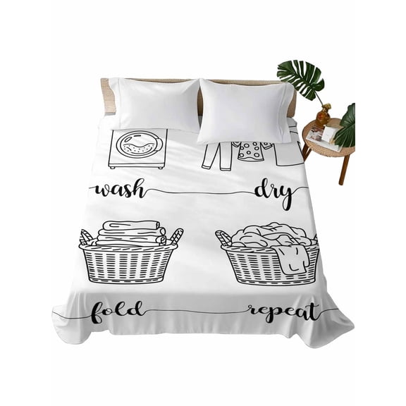 King Size Flat Sheet Only, Black White Soft Brushed Microfiber Bed Sheets, Cartoon Farmhouse Retro Hotel Quality Breathable Bedding Top Sheet, Easy Care, 105"x98"