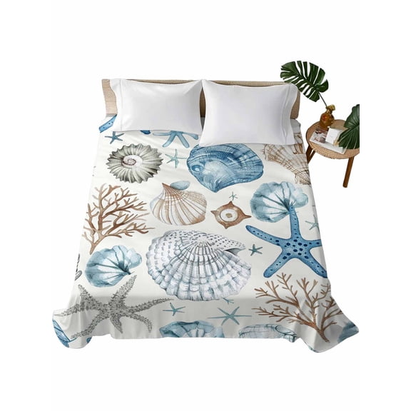 King Size Flat Sheet Only, Blue Beige Coastal Soft Brushed Microfiber Bed Sheets, Summer Beach Starfish Shell Nautical Hotel Quality Breathable Bedding Top Sheet, Easy Care, 105"x98"