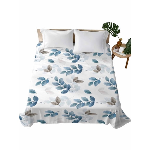 California King Size Flat Sheet Only, Blue Botanical Fall Soft Brushed Microfiber Bed Sheets, Pastoral Maple Leaf Autumn Hotel Quality Breathable Bedding Top Sheet, Easy Care, 108"x98"