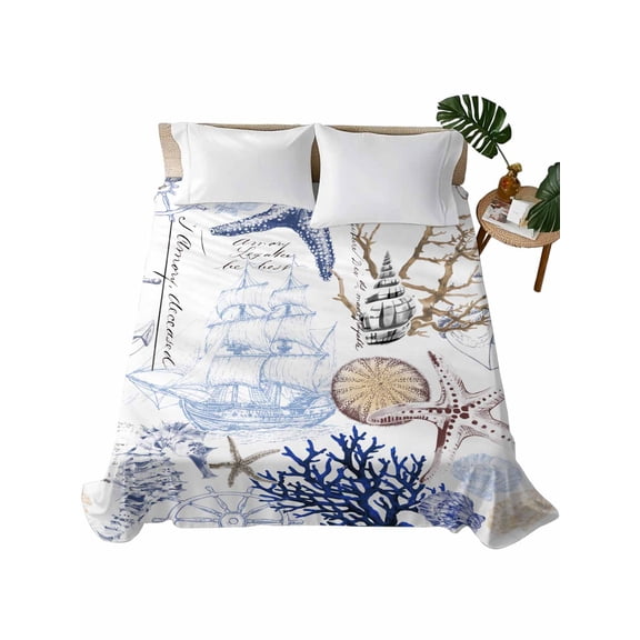 King Size Flat Sheet Only, Blue Brown Coastal Soft Brushed Microfiber Bed Sheets, Summer Beach Nautical Coral Starfish Hotel Quality Breathable Bedding Top Sheet, Easy Care, 105"x98"