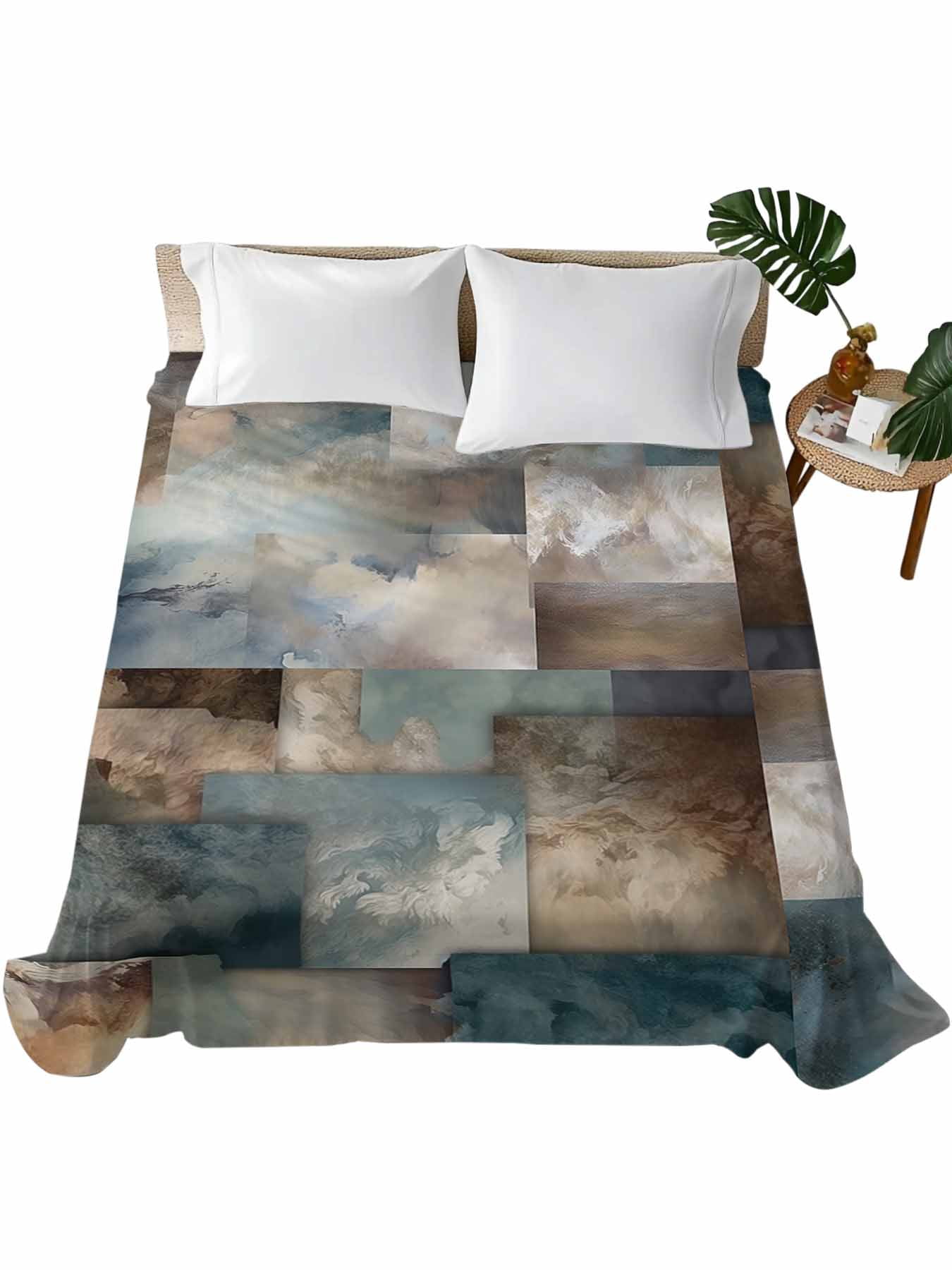 King Size Flat Sheet Only, Blue Brown Geometric Soft Brushed Microfiber ...