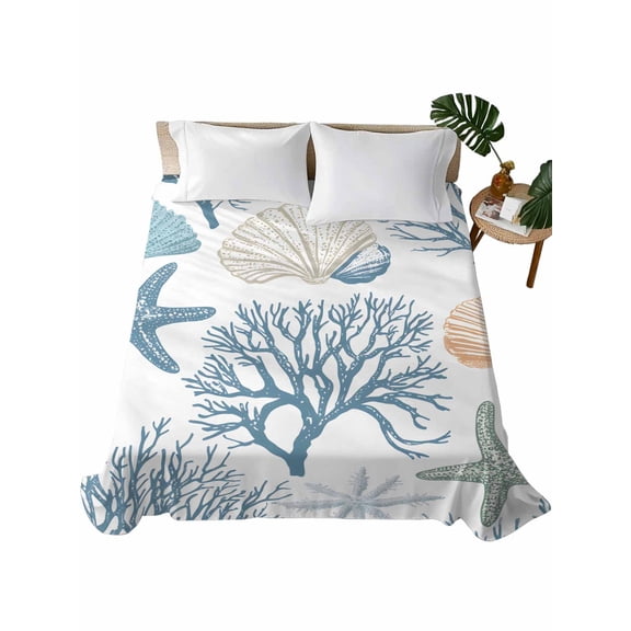 King Size Flat Sheet Only, Blue Coastal Soft Brushed Microfiber Bed Sheets, Nautical Coral Beach Starfish Hotel Quality Breathable Bedding Top Sheet, Easy Care, 105"x98"