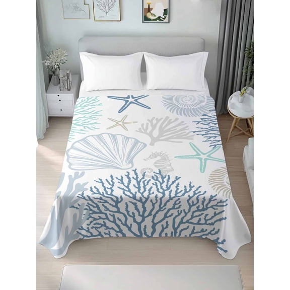 King Size Flat Sheet Only, Blue Coral Coastal Soft Brushed Microfiber Bed Sheets, Summer Beach Shell Conch Ocean Hotel Quality Breathable Bedding Top Sheet, Easy Care, 105"x98"