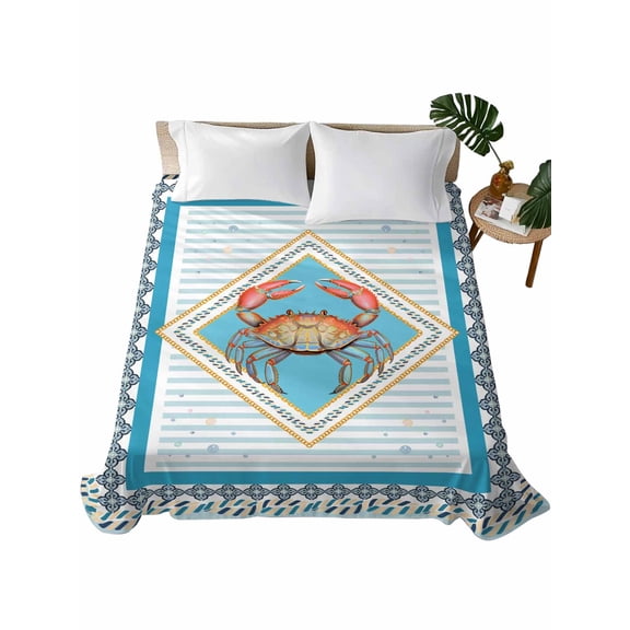 King Size Flat Sheet Only, Blue Crab Nautical Soft Brushed Microfiber Bed Sheets, Ocean Coastal Geometric Hotel Quality Breathable Bedding Top Sheet, Easy Care, 105"x98"