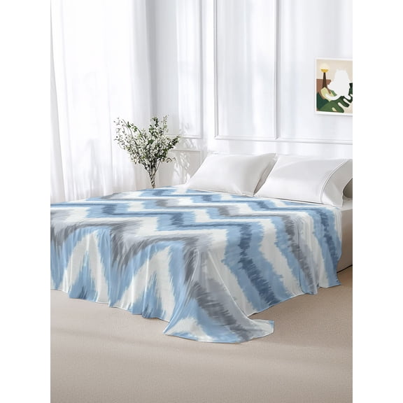 California King Size Flat Sheet Only,Blue Gray Zigzag Chevron Soft Top Bed Sheets Breathable Bedding Sheet Abstract Geometric Water Ripple Microfiber Hotel Luxury Top Sheets