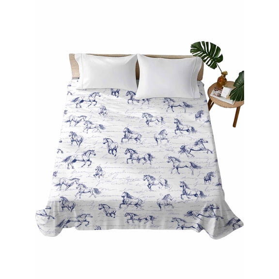 California King Size Flat Sheet Only, Blue Horse Soft Brushed Microfiber Bed Sheets, Watercolor Vintage Animals Hotel Quality Breathable Bedding Top Sheet, Easy Care, 108"x98"