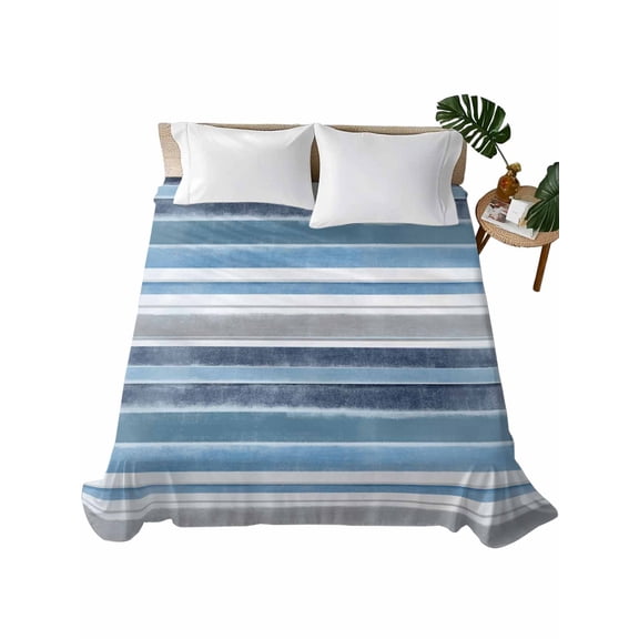 King Size Flat Sheet Only, Blue Nordic Style Stripes Soft Brushed Microfiber Bed Sheets, Blue Gray Texture Hotel Quality Breathable Bedding Top Sheet, Easy Care, 105"x98"