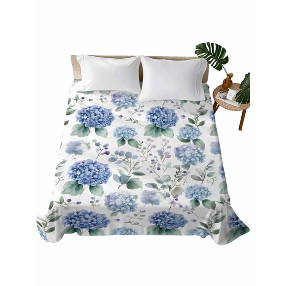 California King Size Flat Sheet Only, Blue Spring Floral Soft Brushed Microfiber Bed Sheets, Watercolor Botanical Elegant Hotel Quality Breathable Bedding Top Sheet, Easy Care, 108"x98"