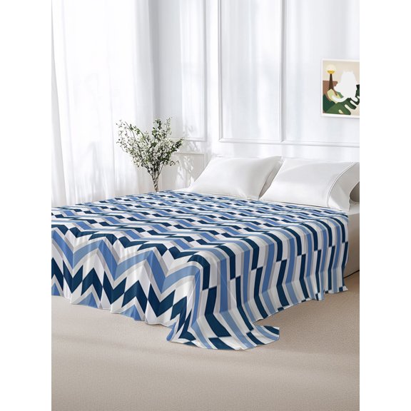California King Size Flat Sheet Only,Blue Striped Ripple Zigzag Chevron Soft Top Bed Sheets Breathable Bedding Sheet Abstract Geometric Style Microfiber Hotel Top Sheets