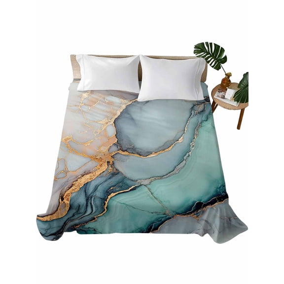 King Size Flat Sheet Only, Blue Teal Marble Soft Brushed Microfiber Bed Sheets, Modern Ink Painting Abstract Hotel Quality Breathable Bedding Top Sheet, Easy Care, 105"x98"