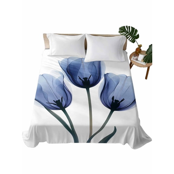 California King Size Flat Sheet Only, Blue Tulip Flower Soft Brushed Microfiber Bed Sheets, Vintage Spring Plant Floral Botanical Hotel Quality Breathable Bedding Top Sheet, Easy Care, 108"x98"