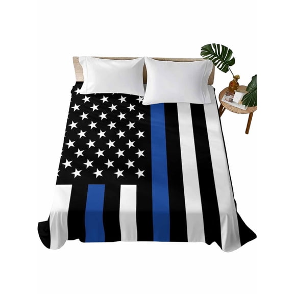 California King Size Flat Sheet Only, Blue White American Flag Soft Brushed Microfiber Bed Sheets, USA Flag Vintage Stars Hotel Quality Breathable Bedding Top Sheet, Easy Care, 108"x98"