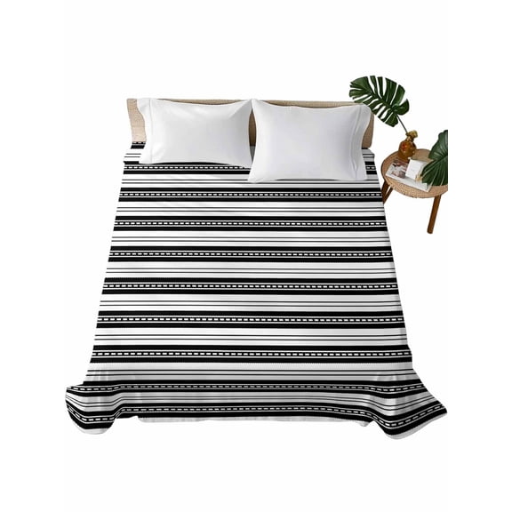 King Size Flat Sheet Only, Boho Black Stripe Soft Brushed Microfiber Bed Sheets, Abstract Geometric White Minimalist Hotel Quality Breathable Bedding Top Sheet, Easy Care, 105"x98"