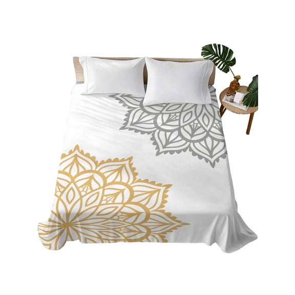 King Size Flat Sheet Only, Boho Gray Beige Floral Soft Brushed Microfiber Bed Sheets, Retro Abstract Art Flowers Hotel Quality Breathable Bedding Top Sheet, Easy Care, 105"x98"