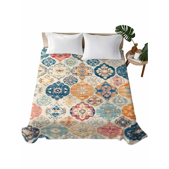 King Size Flat Sheet Only, Boho Morocco Soft Brushed Microfiber Bed Sheets, Retro Farmhouse Ethnic Neutral Aesthetic Hotel Quality Breathable Bedding Top Sheet, Easy Care, 105"x98"