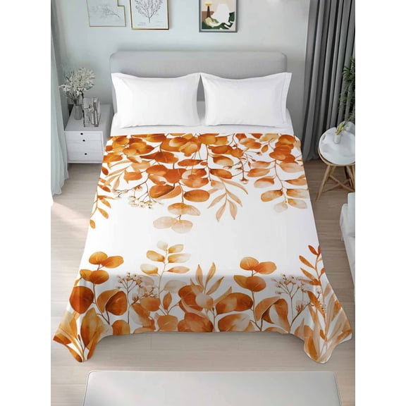 King Size Flat Sheet Only, Burnt Orange Eucalyptus Soft Brushed Microfiber Bed Sheets, Spring Summer Farmhouse Leaves Watercolor Hotel Quality Breathable Bedding Top Sheet, 105"x98"