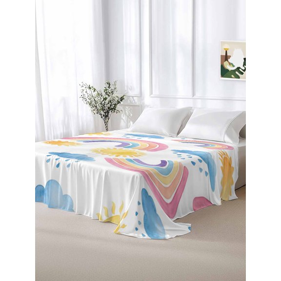 California King Size Flat Sheet Only,Cartoon Rainbow Cloud Sun Soft Top Bed Sheets Breathable Bedding Sheet Modern Abstract Style Microfiber Hotel Luxury Flat Sheets