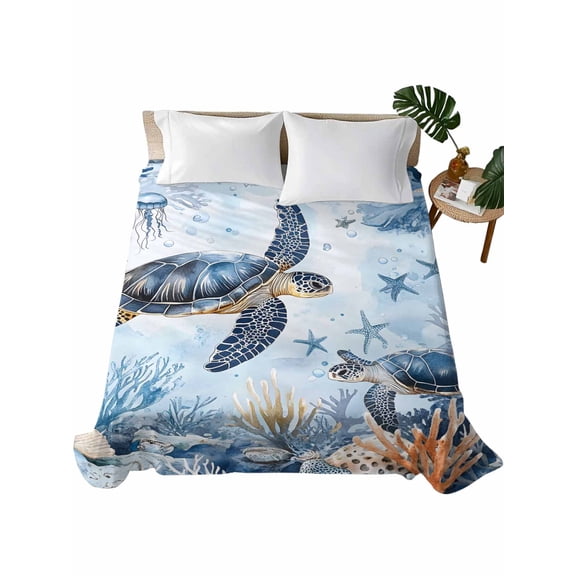 King Size Flat Sheet Only, Coastal Beach Soft Brushed Microfiber Bed Sheets, Sea Turtle Nautical Coral Starfish Hotel Quality Breathable Bedding Top Sheet, Easy Care, 105"x98"