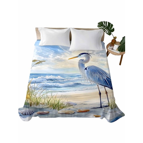 King Size Flat Sheet Only, Coastal Birds Soft Brushed Microfiber Bed Sheets, Blue Sky Heron Seabird Tropical Beach Hotel Quality Breathable Bedding Top Sheet, Easy Care, 105"x98"
