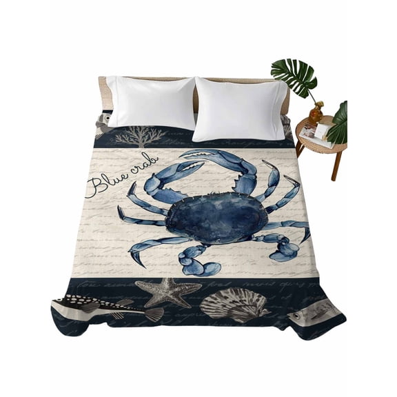 King Size Flat Sheet Only, Coastal Crab Soft Brushed Microfiber Bed Sheets, Nautical Ocean Beach Fish Starfish Hotel Quality Breathable Bedding Top Sheet, Easy Care, 105"x98"