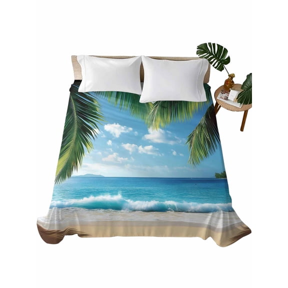 California King Size Flat Sheet Only, Coastal Ocean Soft Brushed Microfiber Bed Sheets, Sandy Beach Coconut Tree Blue Sky Scenery Hotel Quality Breathable Bedding Top Sheet, Easy Care, 108"x98"