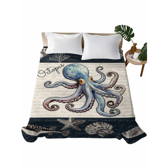 California King Size Flat Sheet Only, Coastal Octopus Soft Brushed Microfiber Bed Sheets, Nautical Ocean Beach Fish Starfish Hotel Quality Breathable Bedding Top Sheet, Easy Care, 108"x98"