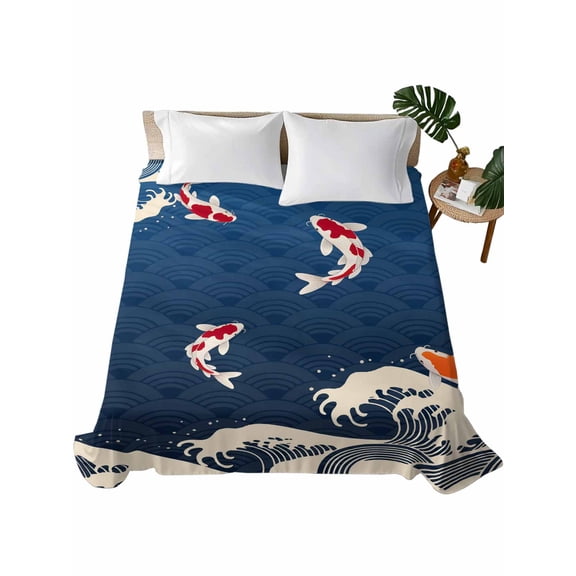 California King Size Flat Sheet Only, Coastal Wave Soft Brushed Microfiber Bed Sheets, Japanese Style Ocean Fish Blue Hotel Quality Breathable Bedding Top Sheet, Easy Care, 108"x98"