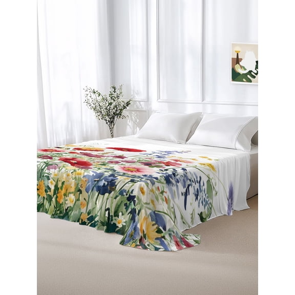 California King Size Flat Sheet Only,Colorful Flower Spring Blossom Floral Plant Soft Top Bed Sheets Breathable Bedding Sheet Green Herb on White Microfiber Hotel Luxury Flat Sheets