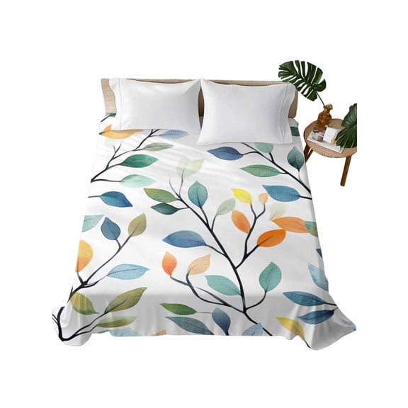 King Size Flat Sheet Only, Colorful Leaf Soft Brushed Microfiber Bed Sheets, Summer Botanical Pastoral Spring Hotel Quality Breathable Bedding Top Sheet, Easy Care, 105"x98"