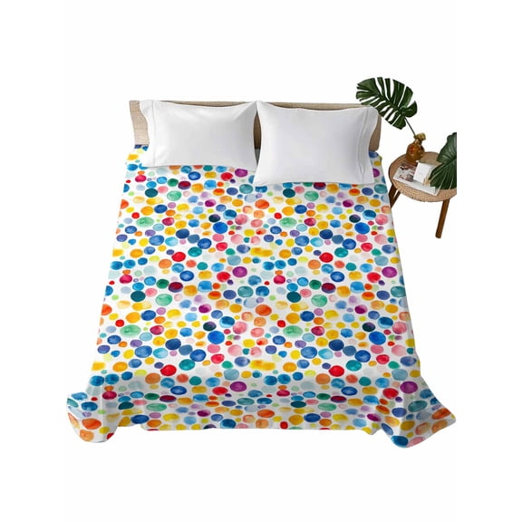 California King Size Flat Sheet Only, Colorful Polka Dot Soft Brushed Microfiber Bed Sheets, Rainbow Polka Dots Watercolor Hotel Quality Breathable Bedding Top Sheet, Easy Care, 108"x98"