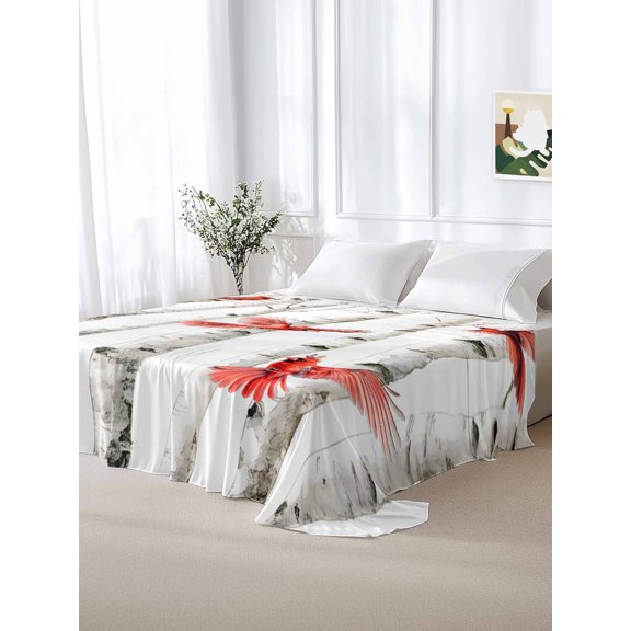 California King Size Flat Sheet Only,Country Red Birds Pattern Soft Top Bed Sheets Breathable Bedding Sheet Retro Trees Background Microfiber Hotel Luxury Top Sheets