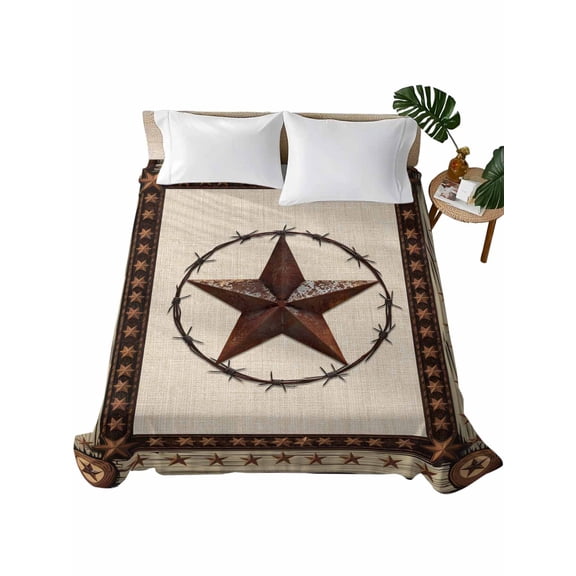 King Size Flat Sheet Only, Country Texas Star Soft Brushed Microfiber Bed Sheets, Brown Farmhouse Vintage Wooden Hotel Quality Breathable Bedding Top Sheet, Easy Care, 105"x98"
