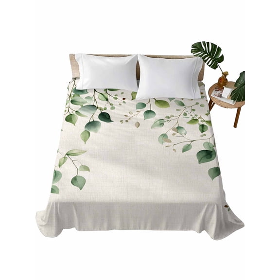 King Size Flat Sheet Only, Eucalyptus Leaf Soft Brushed Microfiber Bed Sheets, Watercolor Green Plant Vintage Country Hotel Quality Breathable Bedding Top Sheet, Easy Care, 105"x98"