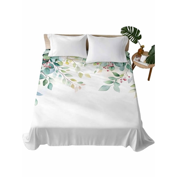 California King Size Flat Sheet Only, Eucalyptus Soft Brushed Microfiber Bed Sheets, Leaf Branch Nature Fruit Spring Summer Hotel Quality Breathable Bedding Top Sheet, Easy Care, 108"x98"
