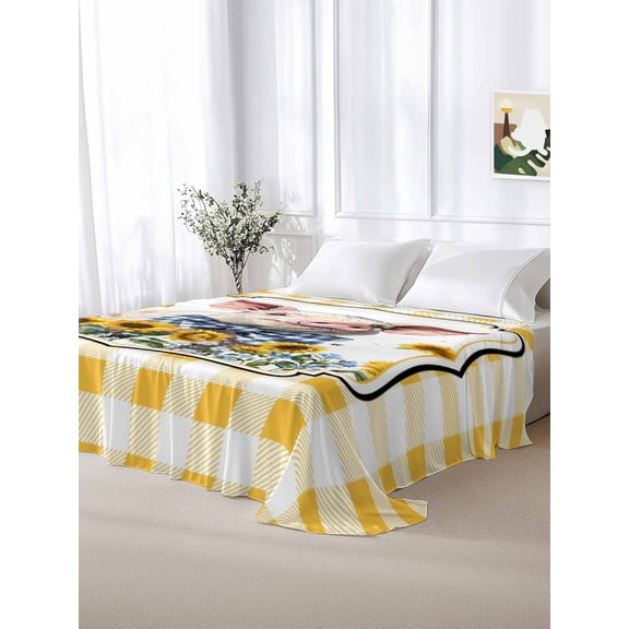 California King Size Flat Sheet Only,Farm Cute Pig in Sunflowers Soft Top Bed Sheets Breathable Bedding Sheet Funny Yellow White Checked Microfiber Hotel Luxury Top Sheets