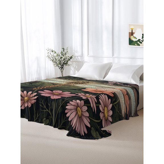 California King Size Flat Sheet Only,Farm Dragonfly Flower Leaf Watercolor Soft Top Bed Sheets Breathable Bedding Sheet Tropical Plant Microfiber Hotel Luxury Top Sheets
