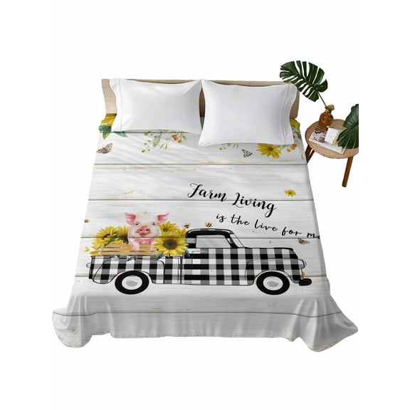 California King Size Flat Sheet Only,Farm Sunflowers on Top Soft Top Bed Sheets Breathable Bedding Sheet Cute Pig on Black White Plaid Car Microfiber Hotel Luxury Top Sheets