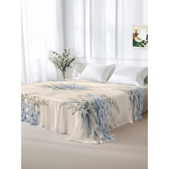 California King Size Flat Sheet Only,Farmhouse Blue Hydrangea Soft Top Bed Sheets Breathable Bedding Sheet Vintage Beige Background Microfiber Hotel Luxury Top Sheets