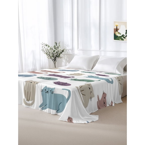 California King Size Flat Sheet Only,Farmhouse Cat Cute Soft Top Bed Sheets Breathable Bedding Sheet Blue Purple Brown Cats Microfiber Hotel Luxury Flat Sheets
