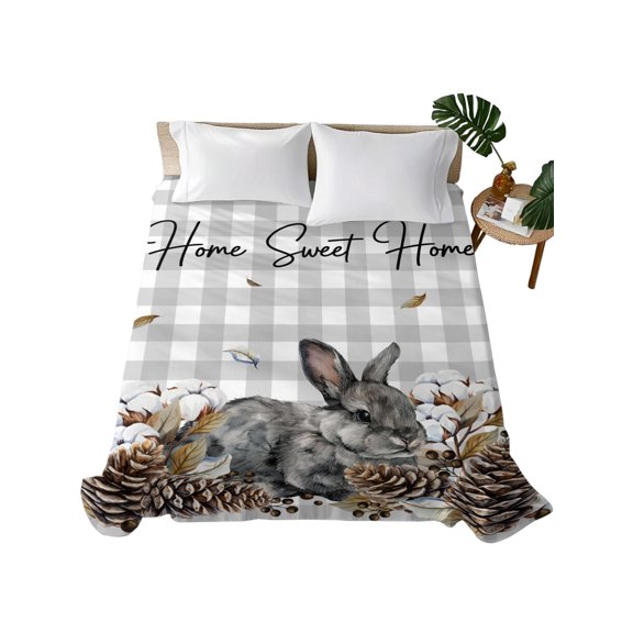 California King Size Flat Sheet Only,Farmhouse Rabbit Pine Cone Soft Top Bed Sheets Breathable Bedding Sheet Sweet Home Text Gray Checkered Microfiber Hotel Luxury Top Sheets