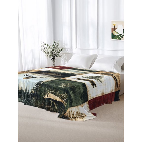 California King Size Flat Sheet Only,Farmhouse Retro Deer Tree Soft Top Bed Sheets Breathable Bedding Sheet Vintage Forest Tree Microfiber Hotel Top Sheets