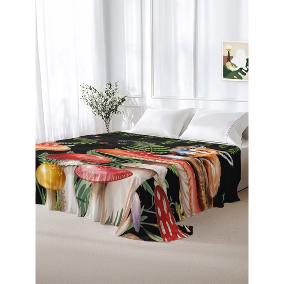 California King Size Flat Sheet Only,Fox on Mushroom Soft Top Bed Sheets Breathable Bedding Sheet Country Eucalyptus Leaf on Black Microfiber Hotel Luxury Top Sheets