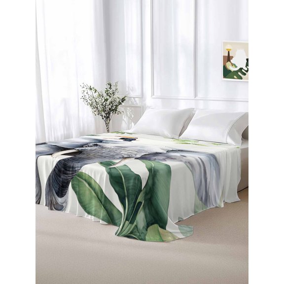 California King Size Flat Sheet Only,Fun Elephant Tropical Palm Leaf Soft Top Bed Sheets Breathable Bedding Sheet Green Jungle Bird Microfiber Hotel Luxury Top Sheets
