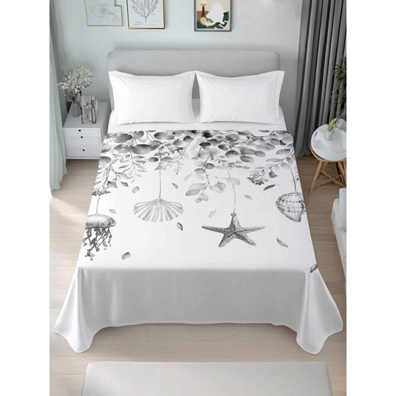 King Size Flat Sheet Only, Gray Eucalyptus Coastal Soft Brushed Microfiber Bed Sheets, Beach Starfish Shells Hotel Quality Breathable Bedding Top Sheet, Easy Care, 105"x98"