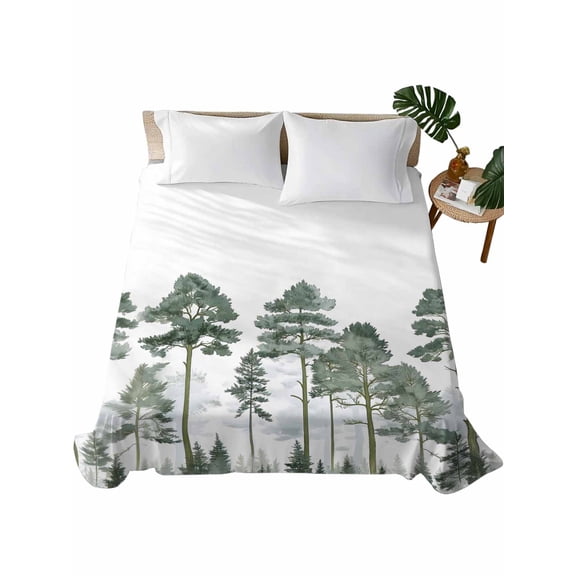 King Size Flat Sheet Only, Green Botanical Soft Brushed Microfiber Bed Sheets, Watercolor Tree Hotel Quality Breathable Bedding Top Sheet, Easy Care, 105"x98"