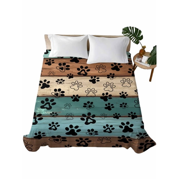 King Size Flat Sheet Only, Green Brown Paw Print Soft Brushed ...
