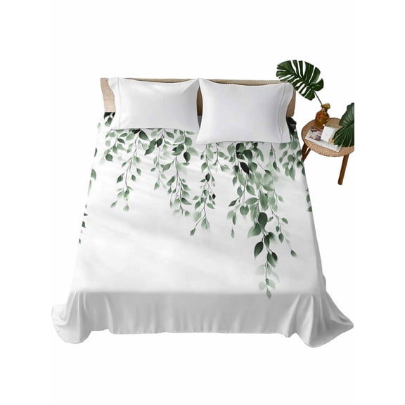 King Size Flat Sheet Only, Green Eucalyptus Soft Brushed Microfiber Bed Sheets, Weeping Botanical Leaf Watercolor Hotel Quality Breathable Bedding Top Sheet, Easy Care, 105"x98"