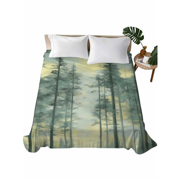 King Size Flat Sheet Only, Green Forest Soft Brushed Microfiber Bed Sheets, Modern Oil Painting Art Botanical Hotel Quality Breathable Bedding Top Sheet, Easy Care, 105"x98"